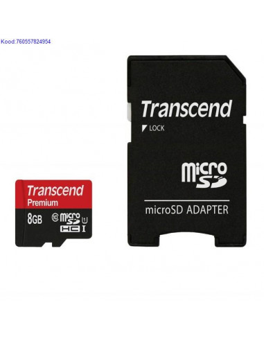 Mlukaart Micro SDHC 8GB Transcend Premium  adapter Class10 597